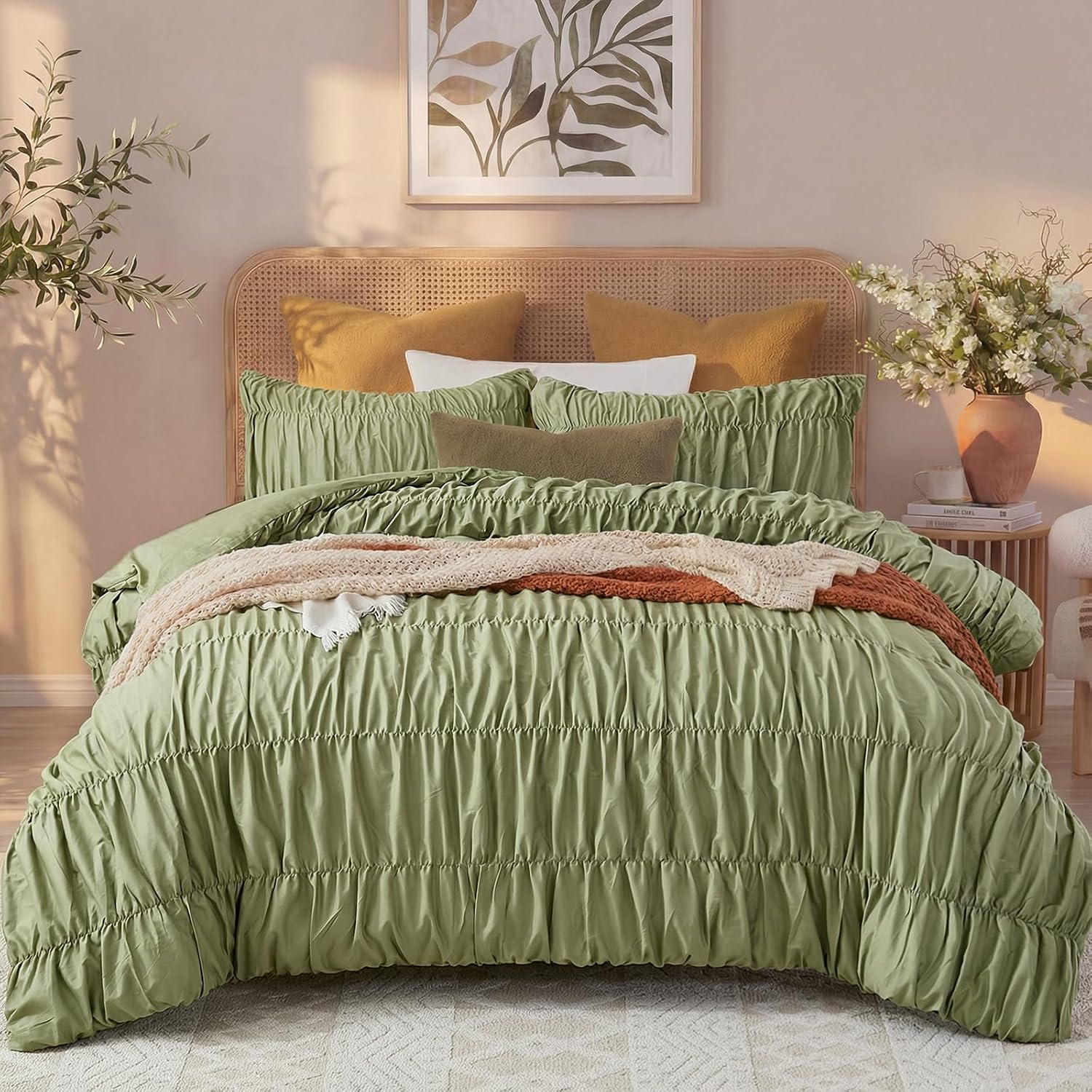 Bedbay Ruched Comforter Set King Size,100% Cotton Boho Bedding Set,Avocado Green Cinched Fluffy Comforter for Bedroom,3 Pcs Vintage Ruffle Bedding Aesthetic Room Decor for All Seasons