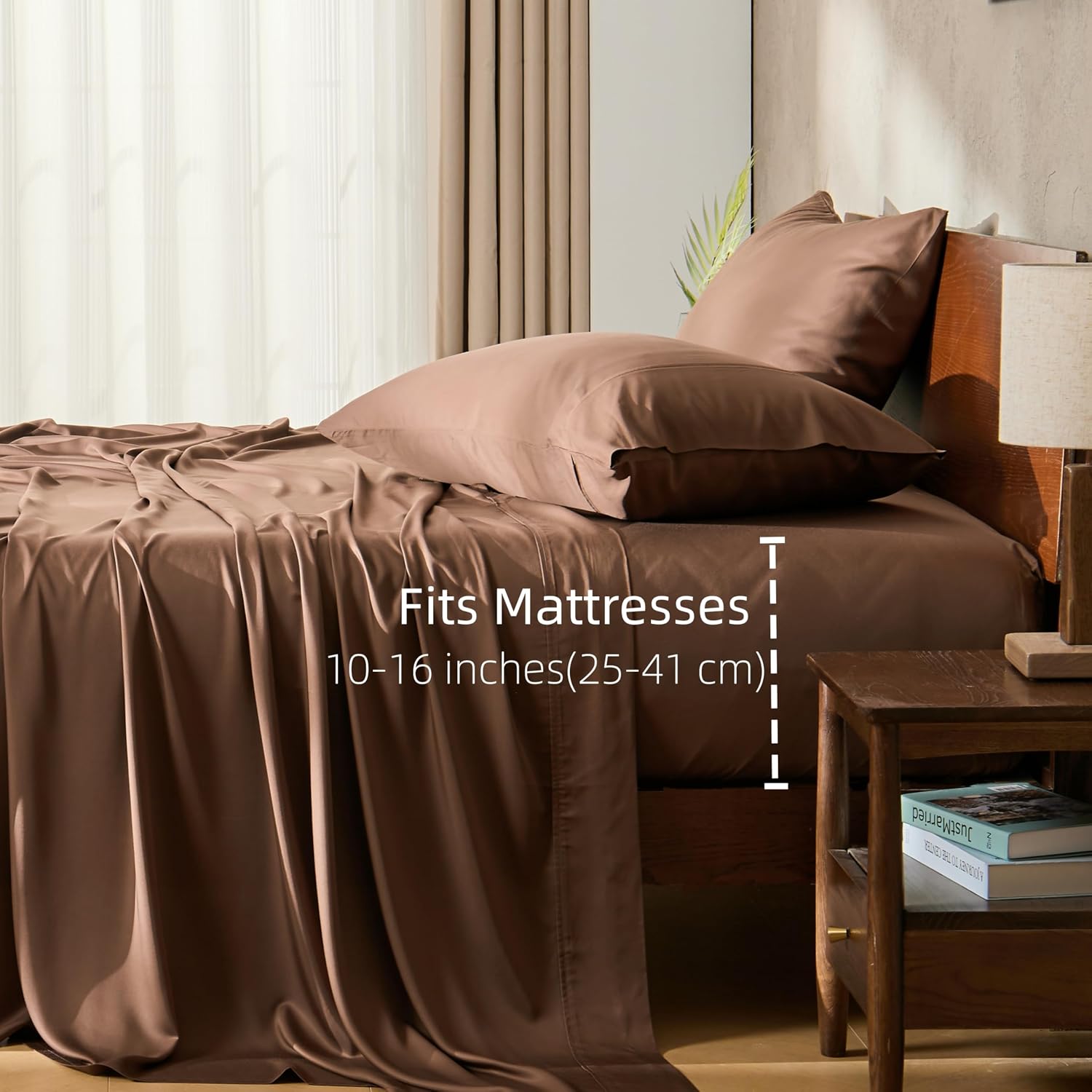GOKOTTA 4-Pcs King Size Sheets Set, 100% Rayon Derived from Bamboo, 16 Inch Deep Pocket King Sheets with Elastic Corner Straps, Cooling Sheets for Hot Sleepers - Silky Soft & Breathable - Cocoa Brown