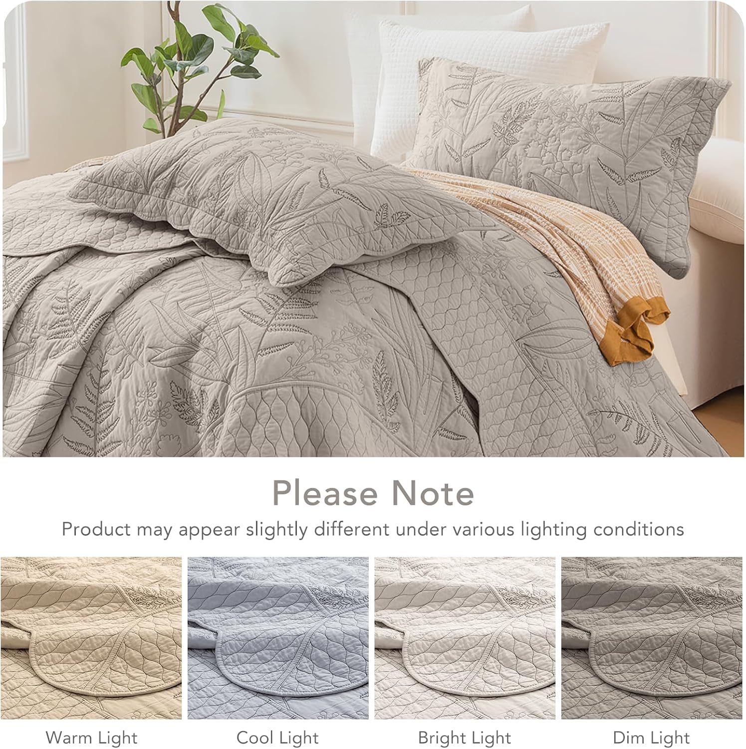 Lady Ann Oversized King Bedspread 120x120, Leaves Pattern Stitching Printed Quilt Set Soft & Lightweight Linen Feel Quilted Coverlet, 3 Pcs Extra Large Botanical Bedding Sets
