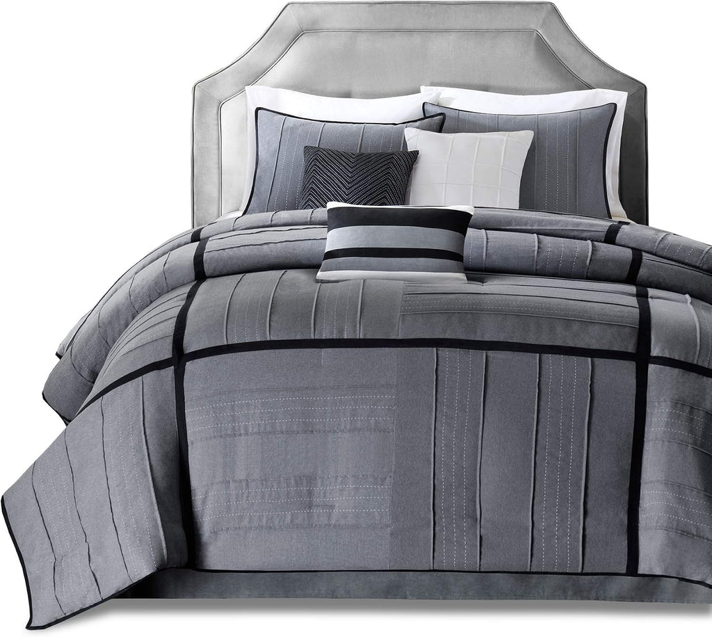 Madison Park Cozy Comforter Set Casual Blocks Design All Season, Matching Bed Skirt, Decorative Pillows, Cal King(104'x92'), Bridgeport Herringbone, Black Dark Grey, 7 Piece