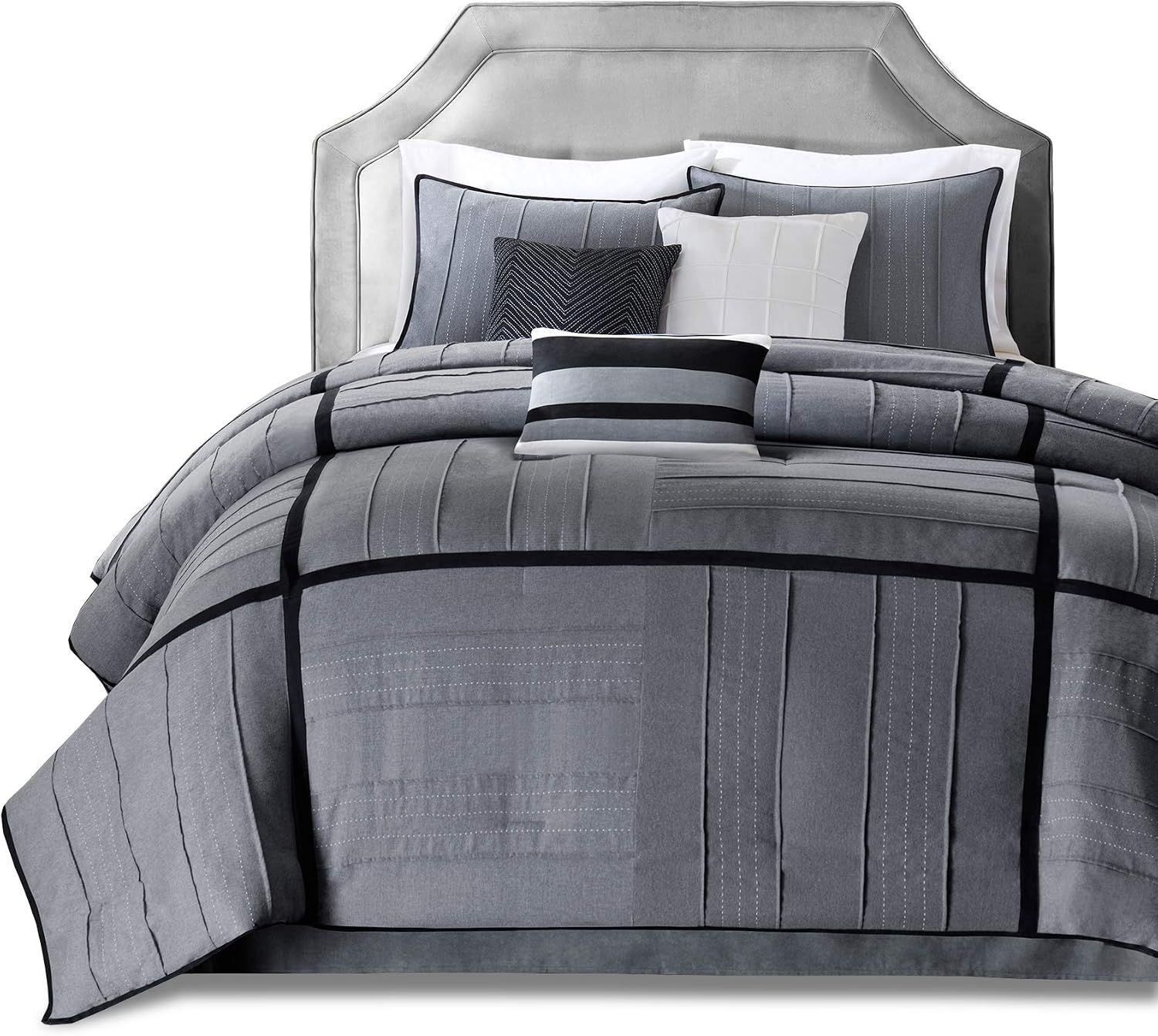 Madison Park Cozy Comforter Set Casual Blocks Design All Season, Matching Bed Skirt, Decorative Pillows, Cal King(104'x92'), Bridgeport Herringbone, Black Dark Grey, 7 Piece