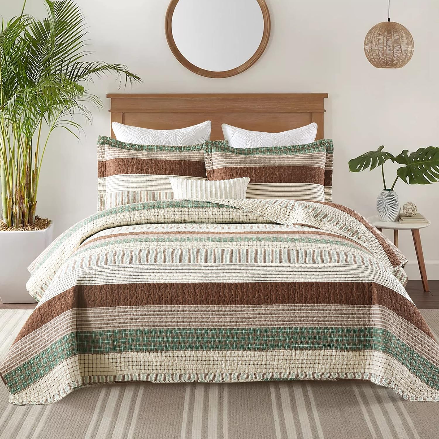 Finlonte 100% Cotton King Size Quilt Set, Patchwork Striped King Quilt Bedding Set Farmhouse Bedspread, Lightweight Quilted Comforter Reversible Bed Spread for All Season, Green/Brown/Beige, 3 Pieces