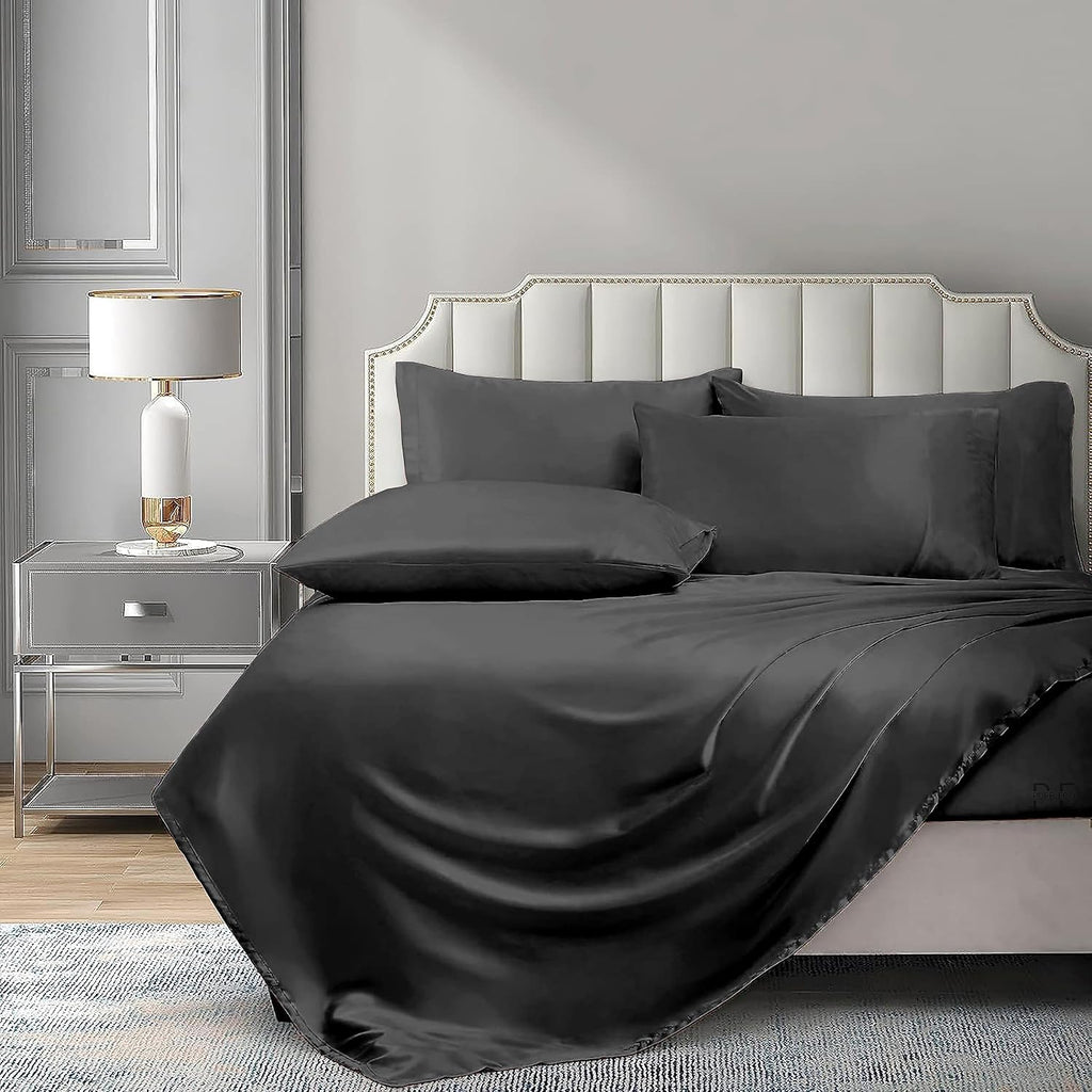 6 Piece Mulberry Silk Sheet Set Queen Size (60x80)+ Upto 16 Inch Deep Pocket Dark Grey Color Smooth Soft and Silk Bed Sheets Queen Size Bedding Set