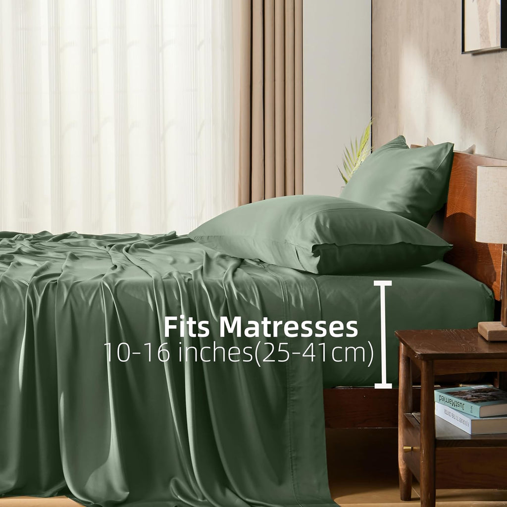 GOKOTTA Full Size Bed Sheets 4 Piece Set, 100% Rayon Derived from Bamboo, Cooling for Hot Sleepers-Luxury Breathable Soft Sheets, Deep Pocket 15' Fitted Sheet with Elastic Corner Straps, Green