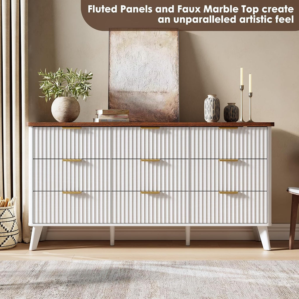 GarveeHome Fluted Dresser for Bedroom with 9 Deep Drawers, 60.6 in Wide Modern Chest of Drawers, Wooden Dresser TV Stand, Curved Profile Design, for Living Room, Kids Room, Hallway, White