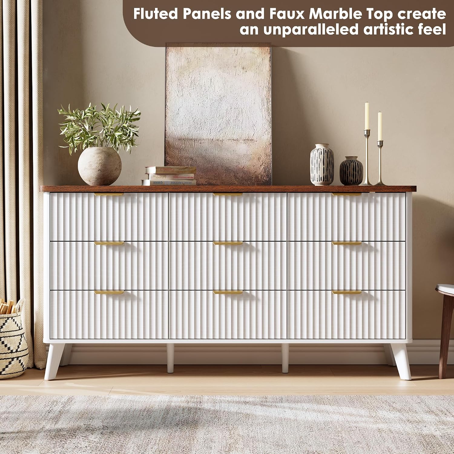 GarveeHome Fluted Dresser for Bedroom with 9 Deep Drawers, 60.6 in Wide Modern Chest of Drawers, Wooden Dresser TV Stand, Curved Profile Design, for Living Room, Kids Room, Hallway, White
