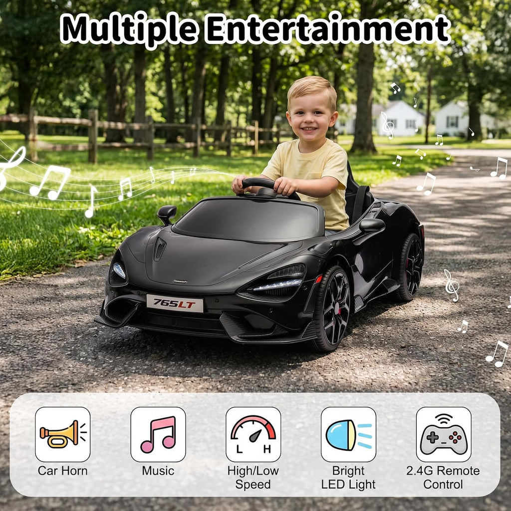 Kids Ride-on Car Licensed McLaren765LT for 3-6Years Old, Electric car 12V Battery Powered Electric Vehicle, w/Parent Remote, Music Player, LED Lights, Smooth Start, 3 Speeds, (Black)