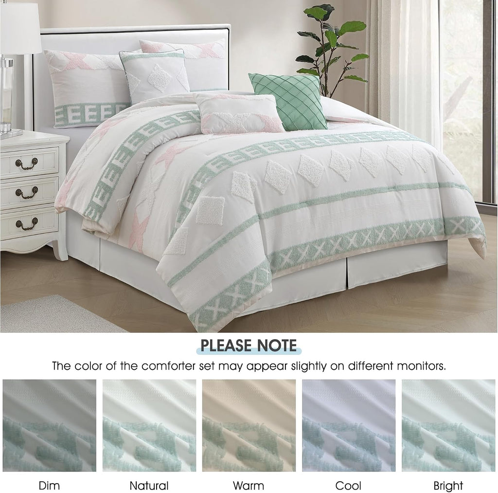 LANCO MODERN LIFESTYLE 7 Piece White Green Comforter Set, Queen, Boho Home Decor, Geometric Clip Pattern Bedding Set for All Seasons, Bed in a Bag, Bedskirt, Shams and Decorative Pillows