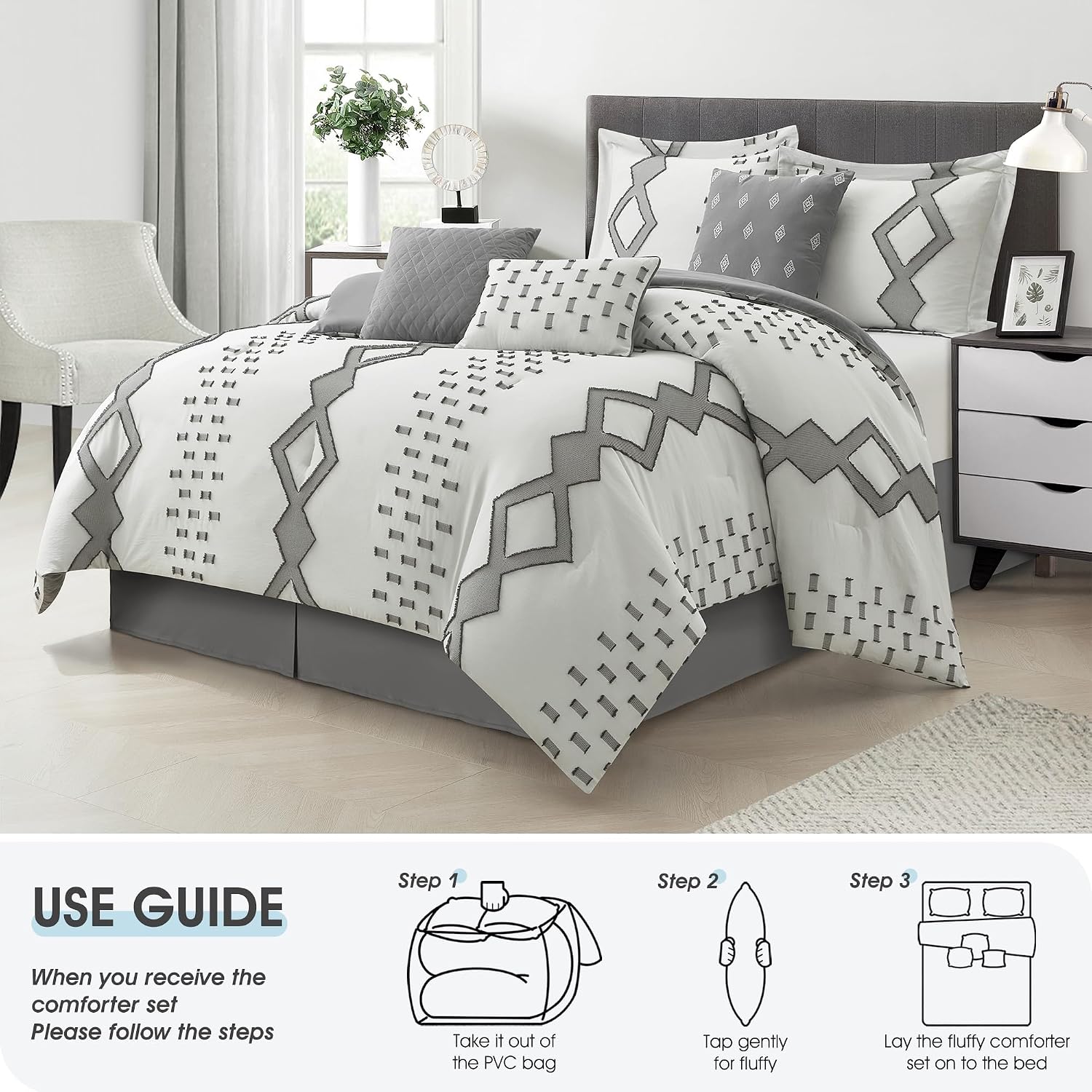 LANCO MODERN LIFESTYLE 7 Piece Grey and White Comforter Set, King, Boho Home Decor, Geometric Clip Pattern Bedding Set for All Seasons, Bed in a Bag, Bedskirt, Shams and Decorative Pillows