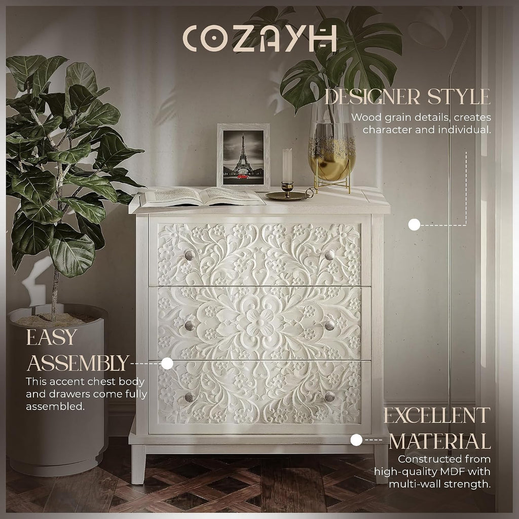 COZAYH 3-Drawer Fully-Assembled Flower Motif Dresser for French Country, Farmhouse, Modern, Rustic Style, Distressed Finish, White-Washed