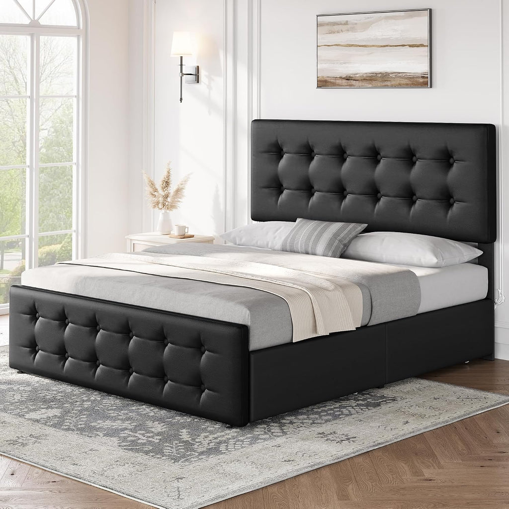 GAOMON Full Size Bed Frame with 4 Storage Drawers and Headboard, Faux Leather Upholstered Platform Bed Frame with Wooden Slats Support, Button Tufted Design, No Box Spring Needed, Black
