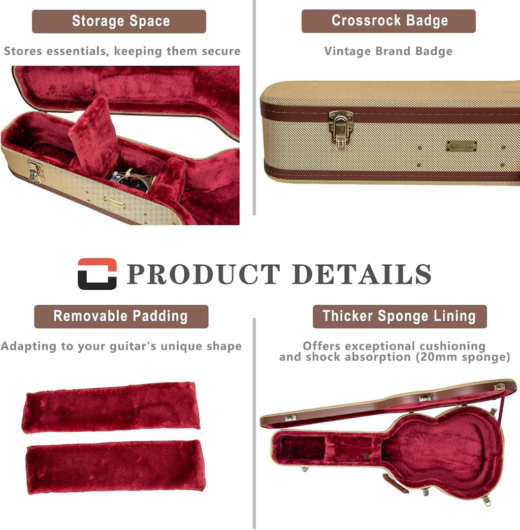Crossrock Master Series 335 Style 6-String Semi-Hollow Electric Guitar Case | Classic Fabric Tweed Exterior, Re-Engineered Wooden Shell, Leather Handle & Deep Red Velvet Interior(CRW720SAFT)