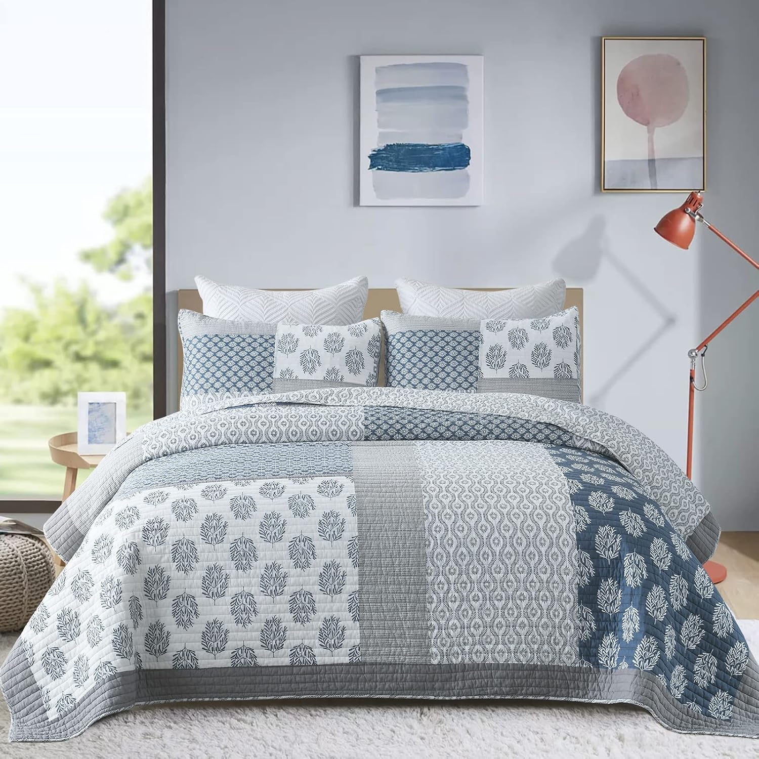 Y-PLWOMEN King Size Quilt, 100% Cotton Lightweight Soft King Quilt, Blue Grey White Quilted Bedspread, Patchwork Reversible Quilt Bedding Set All Season, 3-Pieces1