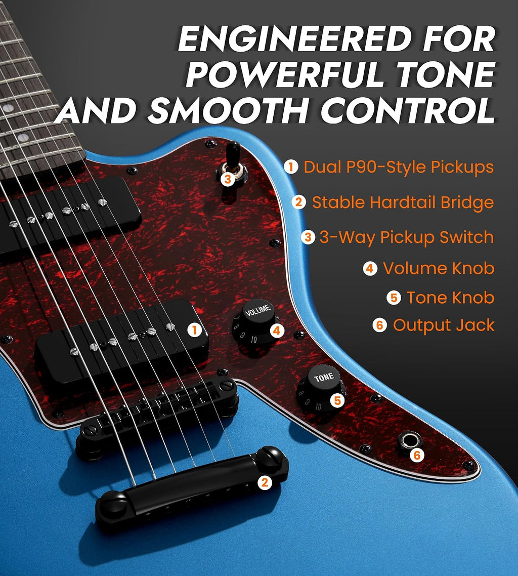 Tostar Electric Guitar: P90 Pickups, TOM Bridge & Smoked Matte Finish, 3-Way Switch, 39' Solid Body Electric Guitar for Intermediate Players, Guitarra Eléctrica Kit, Musical Birthday Gifts, Blue