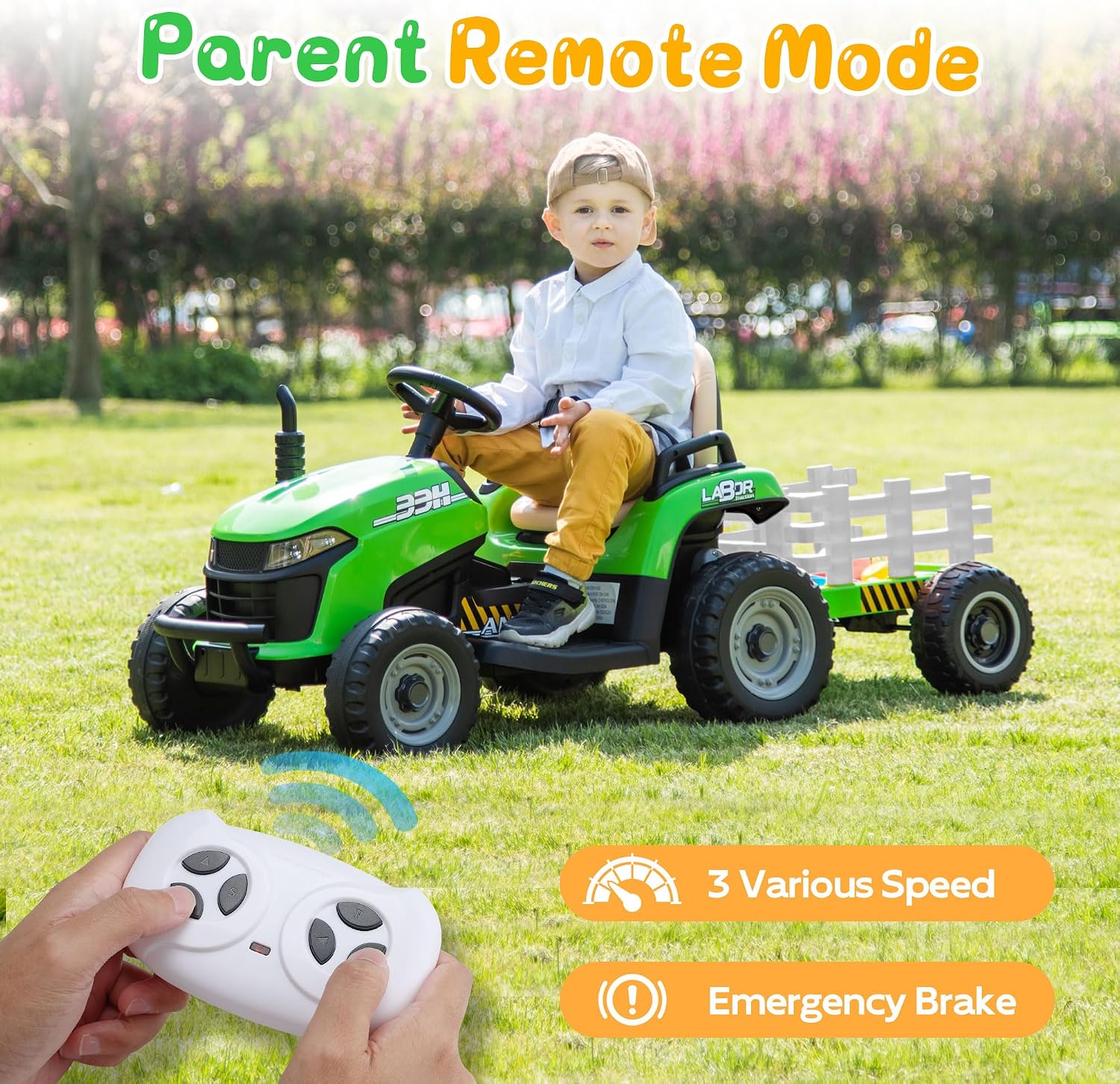 ANPABO 24V Ride On Tractor w/Tiltable & Detachable Trailer, EVA Tires, Up to 4.3Mph, Ride On Toys with Parental Remote, Realistic Tractor Sound & Chimney, Music Player, LED Light, Green