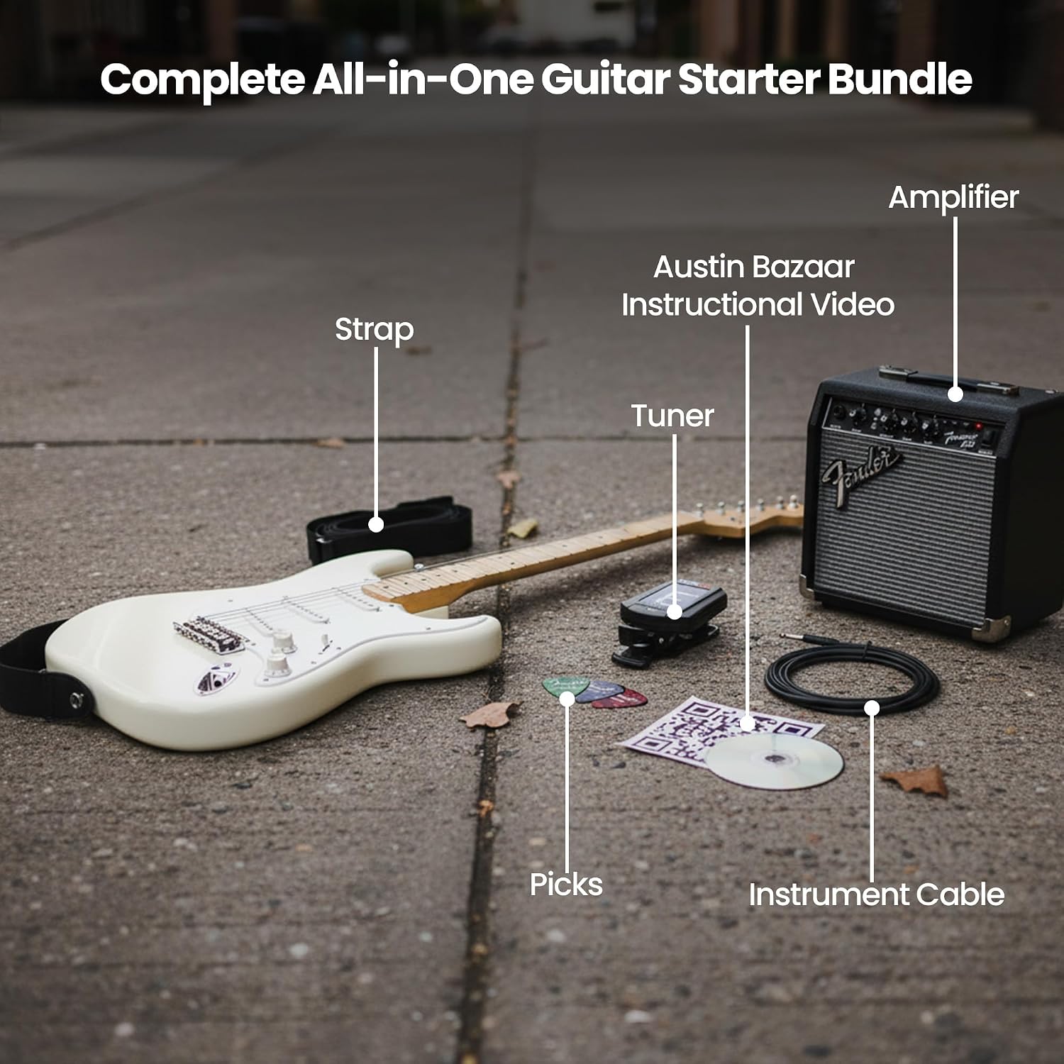 Fender Squier Sonic Stratocaster - Arctic White Bundle with Frontman 10G Amp, Instrument Cable, Tuner, Strap, Picks, and Austin Bazaar Instructional Video