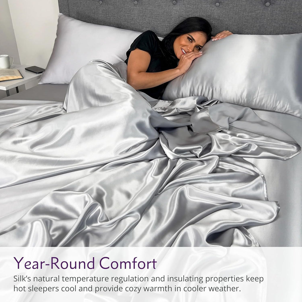 Mulberry Park 100% Pure Cal King Silk Sheet Set 4 Pcs - 22 Momme 6A Mulberry Silk Bed Sheets with 15' Deep Pocket - Breathable, Ultra-Soft, Oeko-TEX Certified, Seamless - Silver
