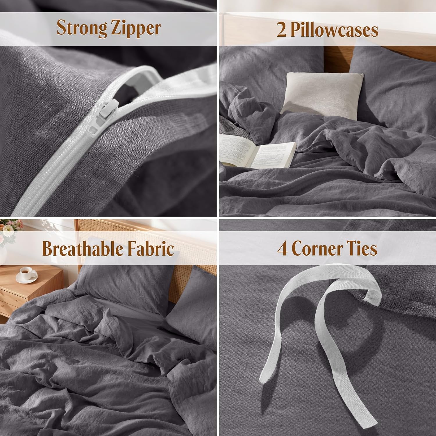 LBRO2M 100% France Linen Duvet Cover Set 3 Pcs Including 1 Flax Comforter Cover with Zipper Closure, 2 Pillowcase, Cozy Duvet Cover California King Size, Dark Gray