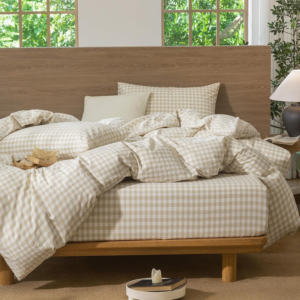 MooMee Gingham Duvet Cover Set 100% Washed Cotton Linen Like Textured Breathable Durable Soft Comfy Modern Checkered Design (Almond Milk Grey Gingham, Super King 108'x98')