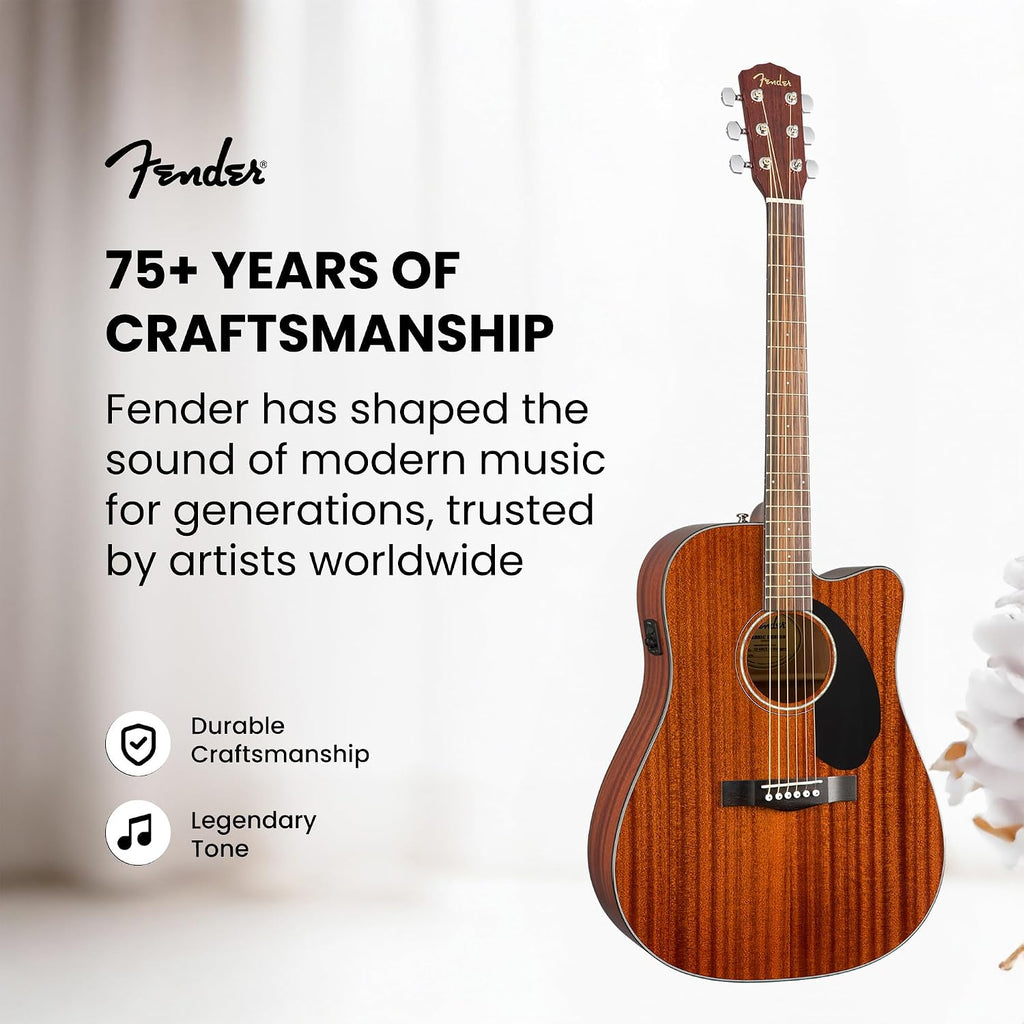Fender CD-60SCE Solid Top Dreadnought Acoustic-Electric Guitar - All Mahogany Bundle with Gig Bag, Instrument Cable, Tuner, Strap, Strings, Picks, Polishing Cloth and Austin Bazaar Instructional DVD