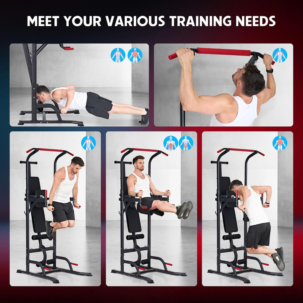 SogesPower Power Tower Pull Up Bar Station Multi-Function Adjustable Height Workout Dip Station Strength Training Equipment for Home Gym Fitness Equipment with Folding Multi-purpose Dumbbell Bench 330LBS
