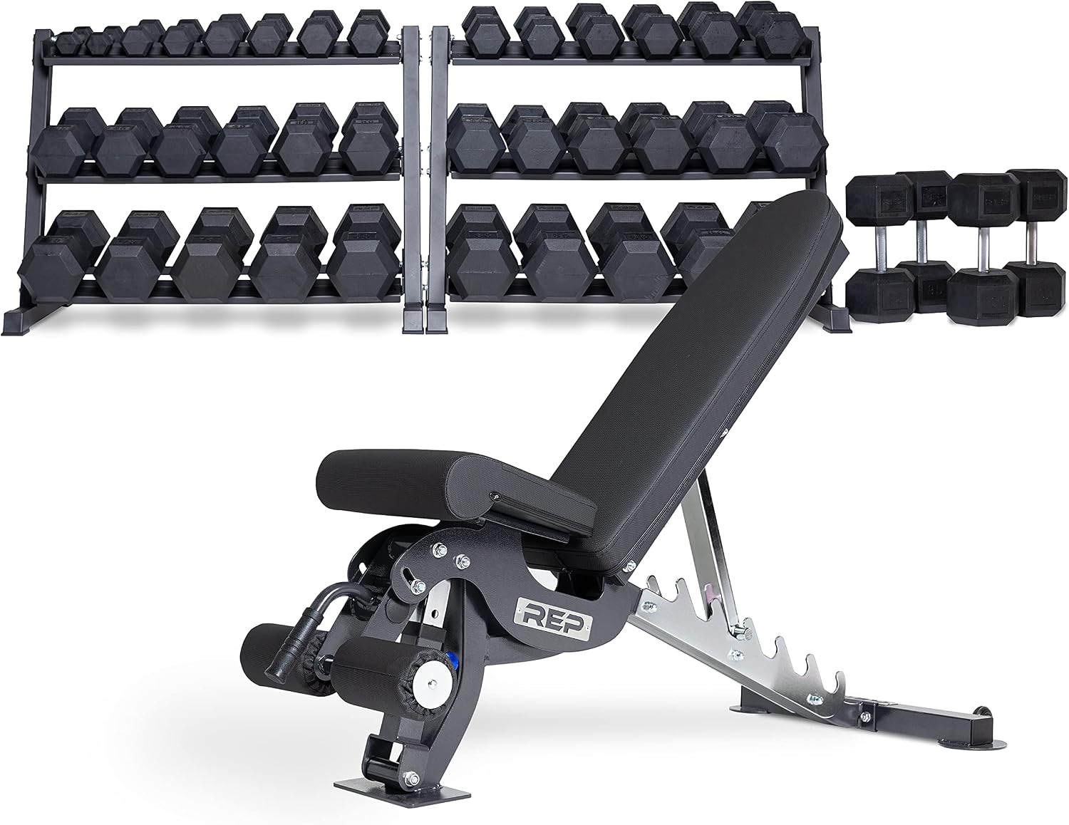 REP FITNESS Dumbbell Set with Bench – 5-50, 5-75 or 5-100 Rubber Hex Dumbbell Set with Either Flat or Adjustable Bench