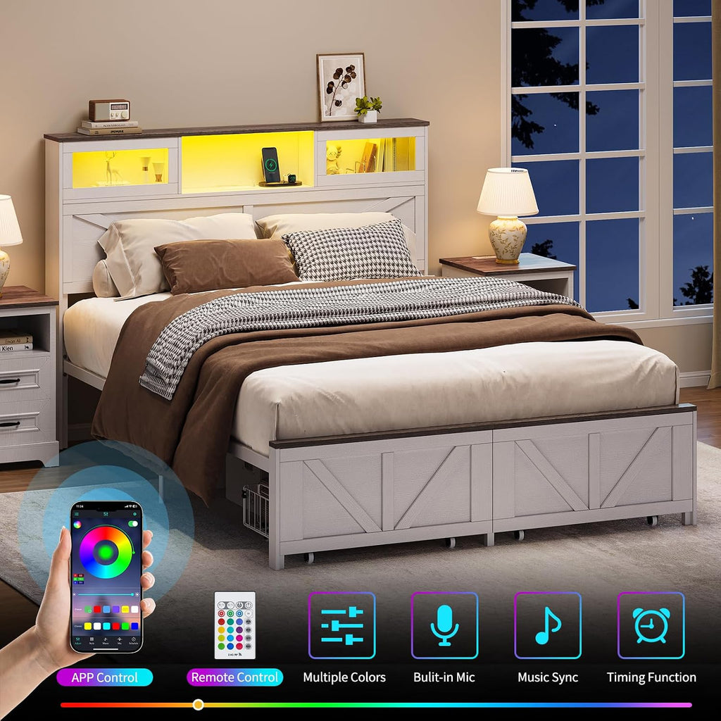 Yoobure Full Size Bed Frame with Headboard, Full Bed Frame with Charging Station, LED Beds with 2 Storage Drawers, Wood Farmhouse Bedframe, Noise-Free and No Box Spring Needed, White