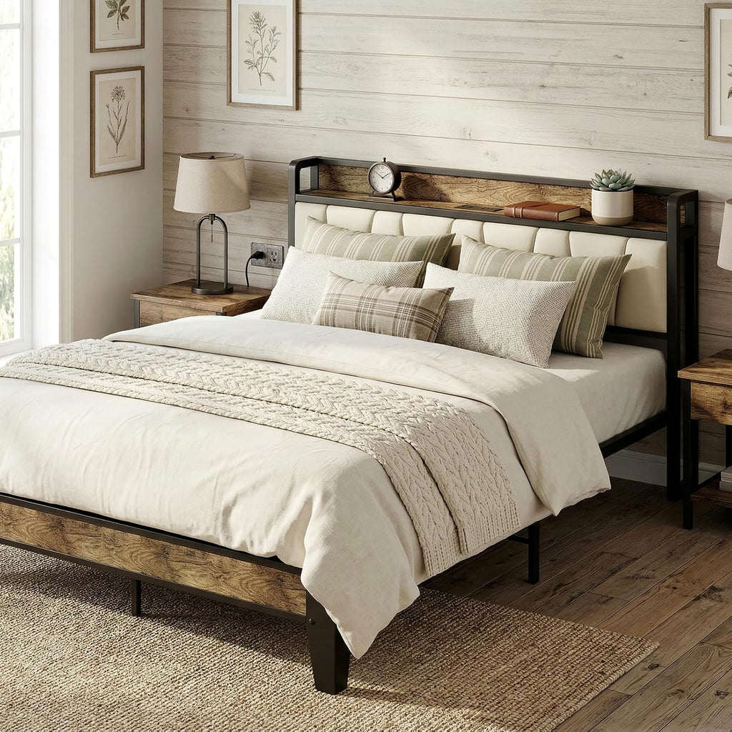 LIKIMIO Queen Bed Frame, Storage Headboard with Charging Station, Solid and Stable, Noise Free, No Box Spring Needed, Easy Assembly (Walnut and Beige)