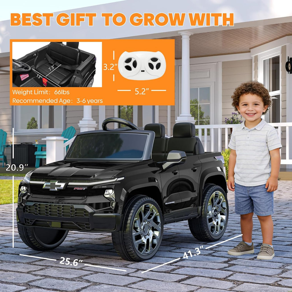 24V Licensed Chevrolet Silverado Electric Car for Kids, Ride on Toys for Toddlers with Remote Control, Soft Start, LED Lights, Music Player, Seat Belts, Easy to Assemble, Black