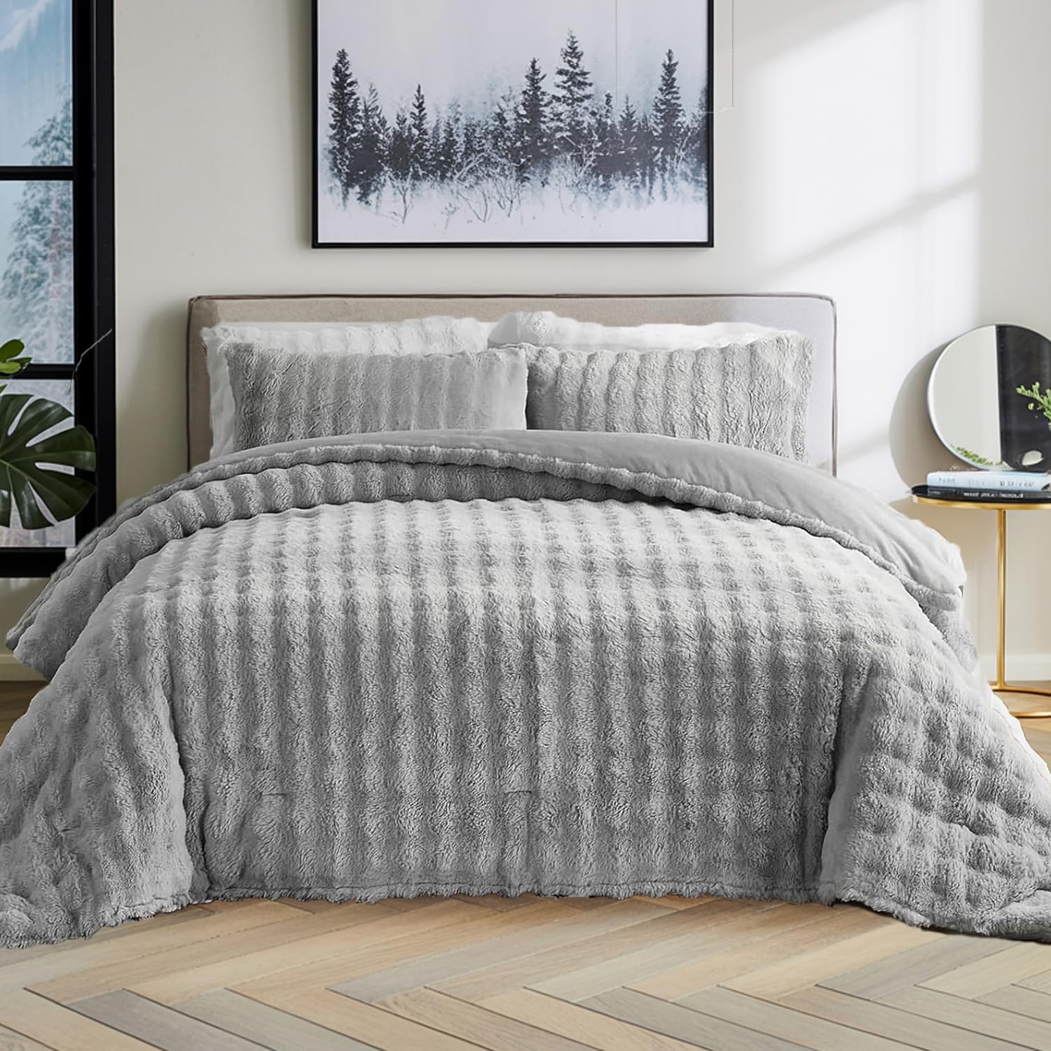 Bedbay Faux Fur Comforter Set King Size Plush Grey Fluffy Comforter Luxury Rabbit Fur Fuzzy Furry Bedding Set 3 Pieces Soft Warm Shaggy Velvet Reversible Quilt Duvet Set for Boys Girls Kids