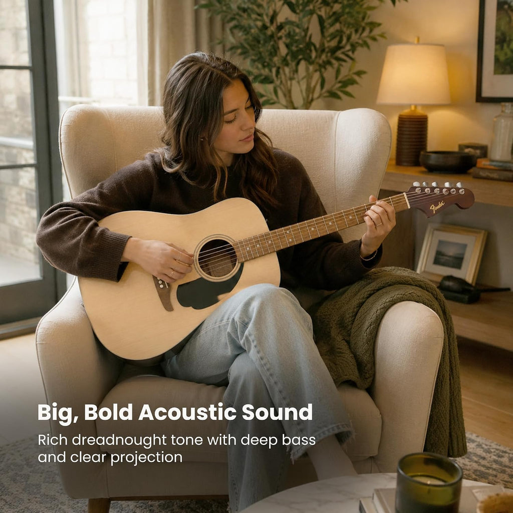 Fender Dreadnought Acoustic Guitar - Natural Bundle with Gig Bag, Strap, Strings, Picks, and Austin Bazaar Instructional Video