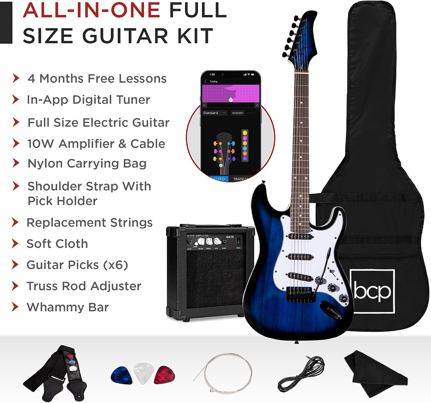 Best Choice Products 39in Full Size Beginner Electric Guitar Starter Kit w/Case, Strap, 10W Amp, Strings, Pick, Tremolo Bar - Hollywood Blue