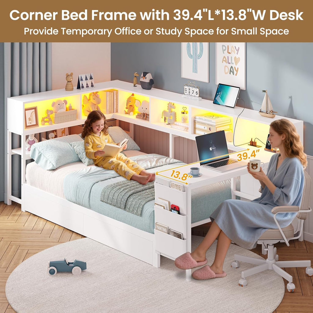DICTAC Corner Twin Bed Frame with Desk,Charging Station and Bookcase Storage Metal Platform Bed Frame with Storage Drawers and Led Lights Twin Size Daybed with Desk and Shelves for Kids/Teen,White