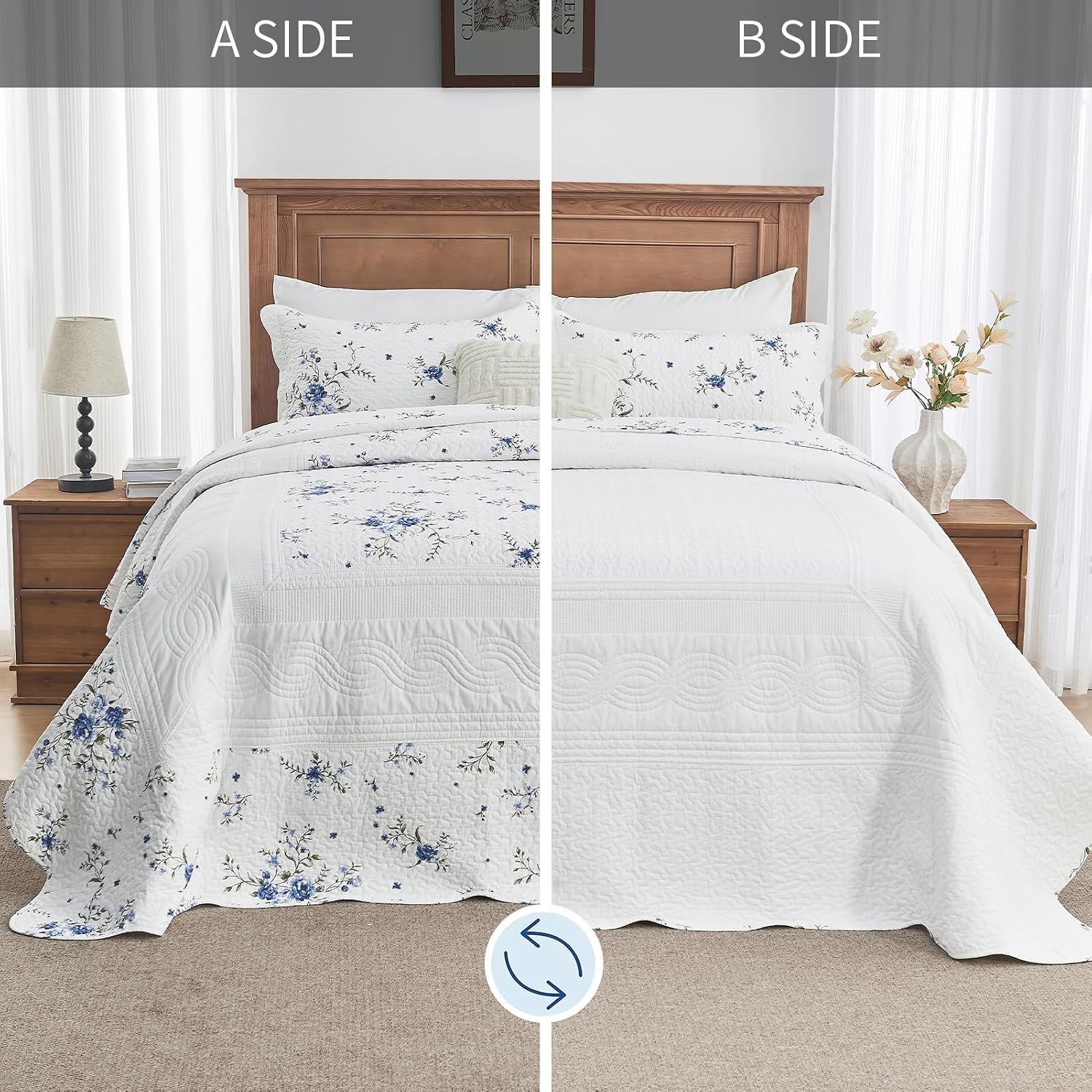 Floral Bedspreads King Size Extra Large, 120x120 Oversized Quilt Bedspread Coverlet, 100% Cotton Blue and White Bedding Set with Shams, Lightweight Soft Quilted Thin Comforter, 3 Piece