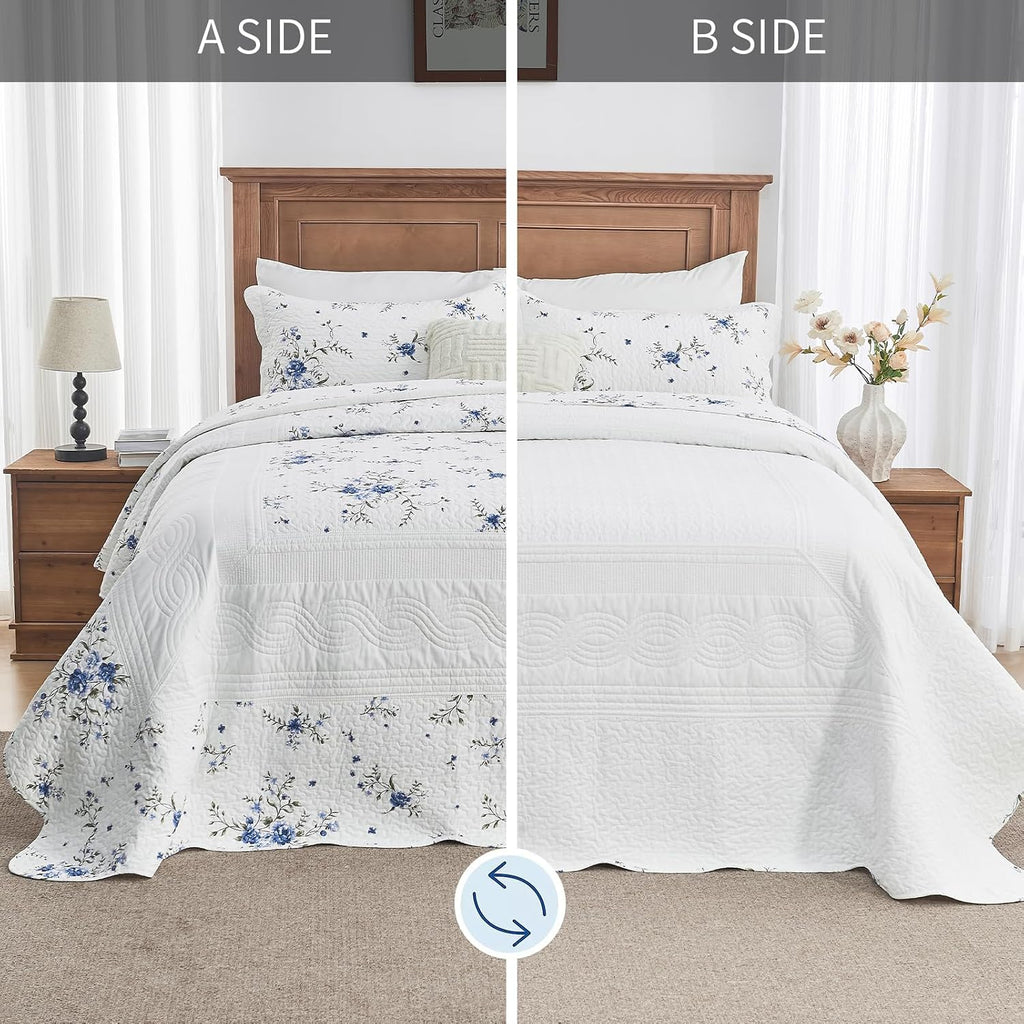 Floral Bedspreads King Size Extra Wide, 128x120 Oversized Quilt Bedspread Coverlet, 100% Cotton Blue and White Bedding Set with Shams, Lightweight Soft Quilted Thin Comforter, 3 Piece