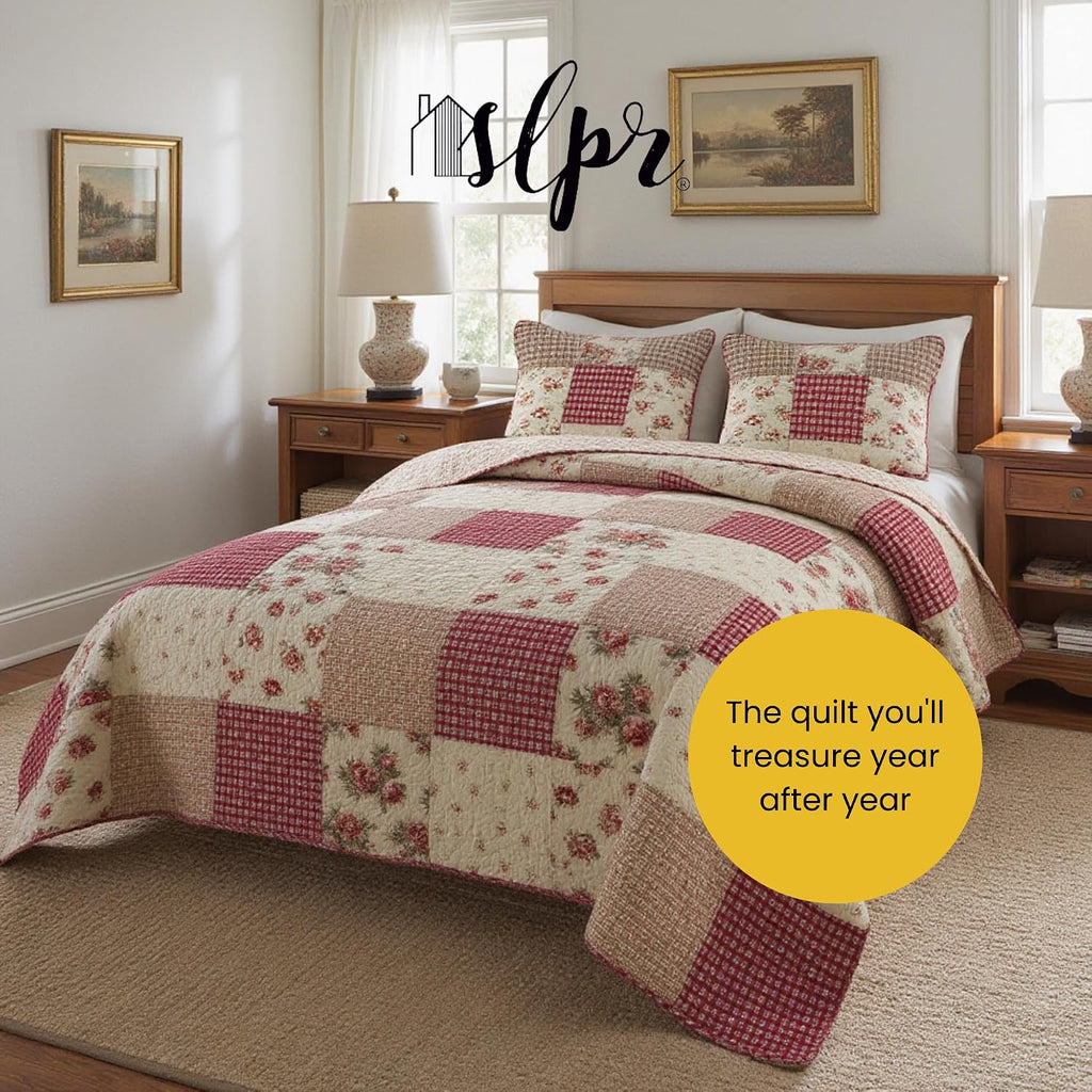 SLPR Country Roses Patchwork Cotton Pieced Quilt Set - King Size with 2 Shams, French Country Style Floral Bedding, Red Rose Farmhouse Quilted Bedspread with Flower Pattern