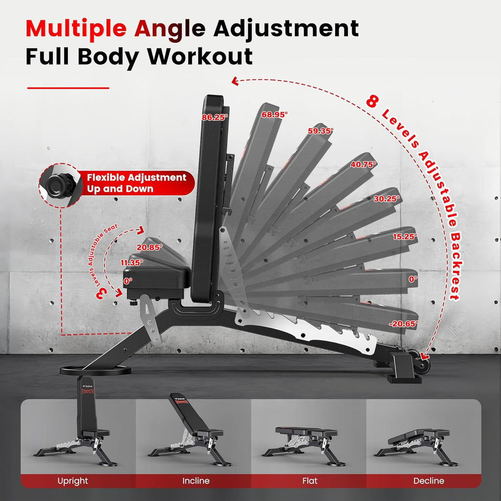Commercial Adjustable Weight Bench, 1800LBS Heavy Duty Workout Bench for Home Gym Strength Training, Removable Leg Holder for Flat/Incline/Decline Sit Up & Full Body Workout
