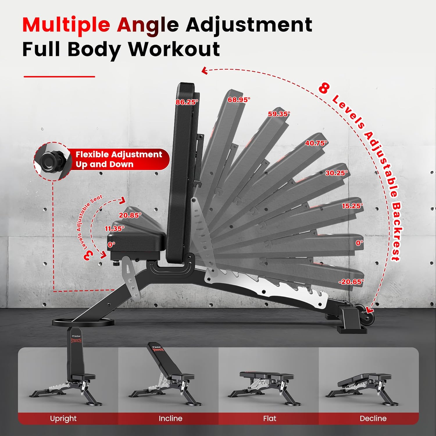 Commercial Adjustable Weight Bench, 1800LBS Heavy Duty Workout Bench for Home Gym Strength Training, Removable Leg Holder for Flat/Incline/Decline Sit Up & Full Body Workout