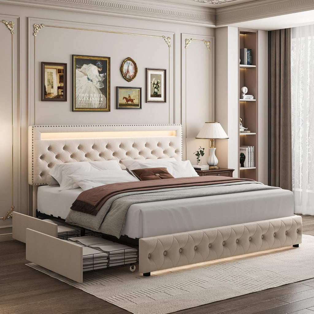 Full LED Bed Frame with 4 Drawers, Platform Bed with Headboard, Adjustable Upholstered Diamond Headboard and Frame, No Box Spring Needed, Wooden Slats Support,Velvet Cream