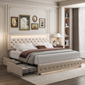 Full LED Bed Frame with 4 Drawers, Platform Bed with Headboard, Adjustable Upholstered Diamond Headboard and Frame, No Box Spring Needed, Wooden Slats Support,Velvet Cream