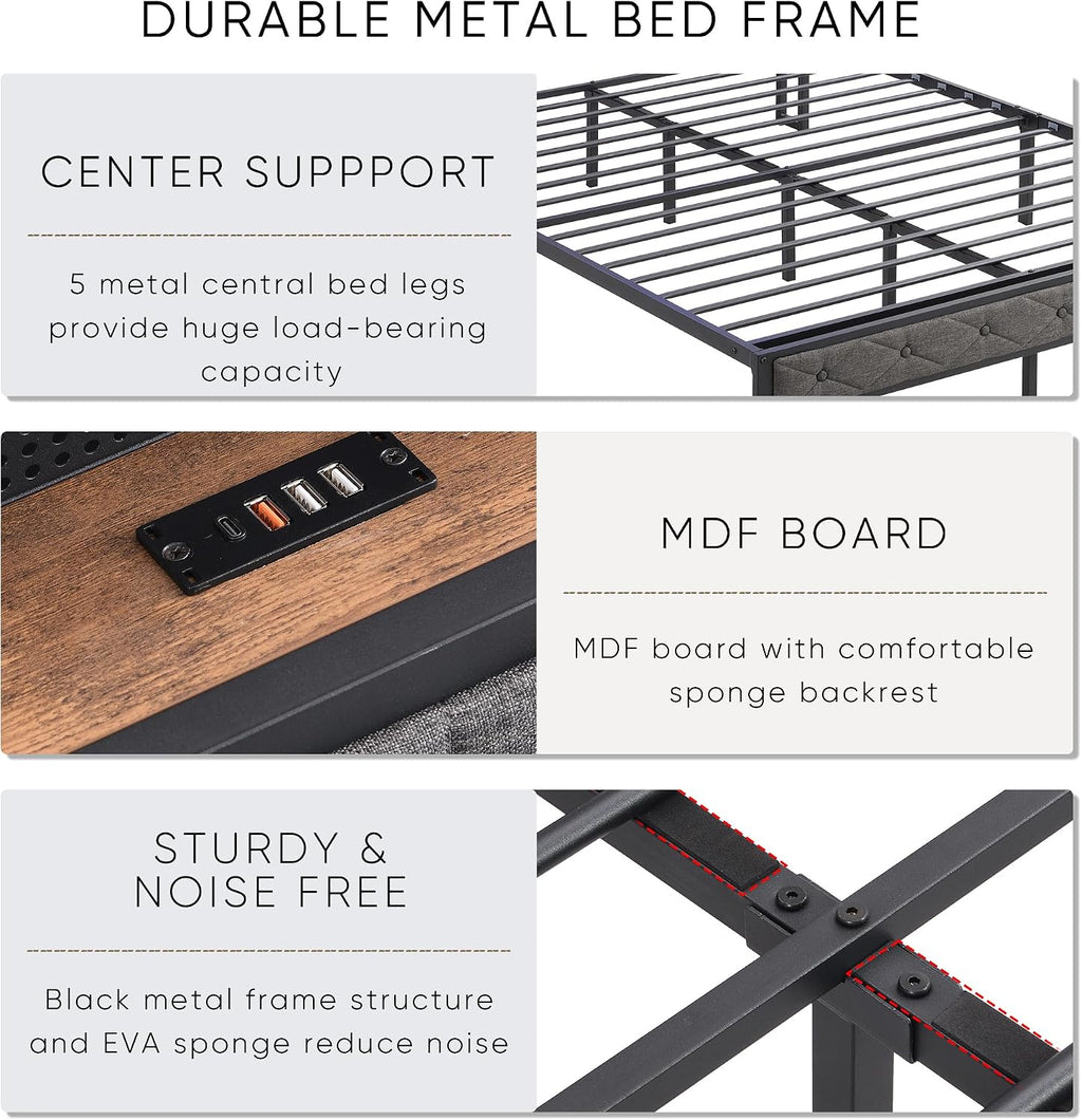 Full Size Bed Frames with Storage Headboard, LED Platform Bed Frame Full Size, Upholstered Bed Frame with Charging Station, No Box Spring Needed, Easy Assembly,Dark Gray