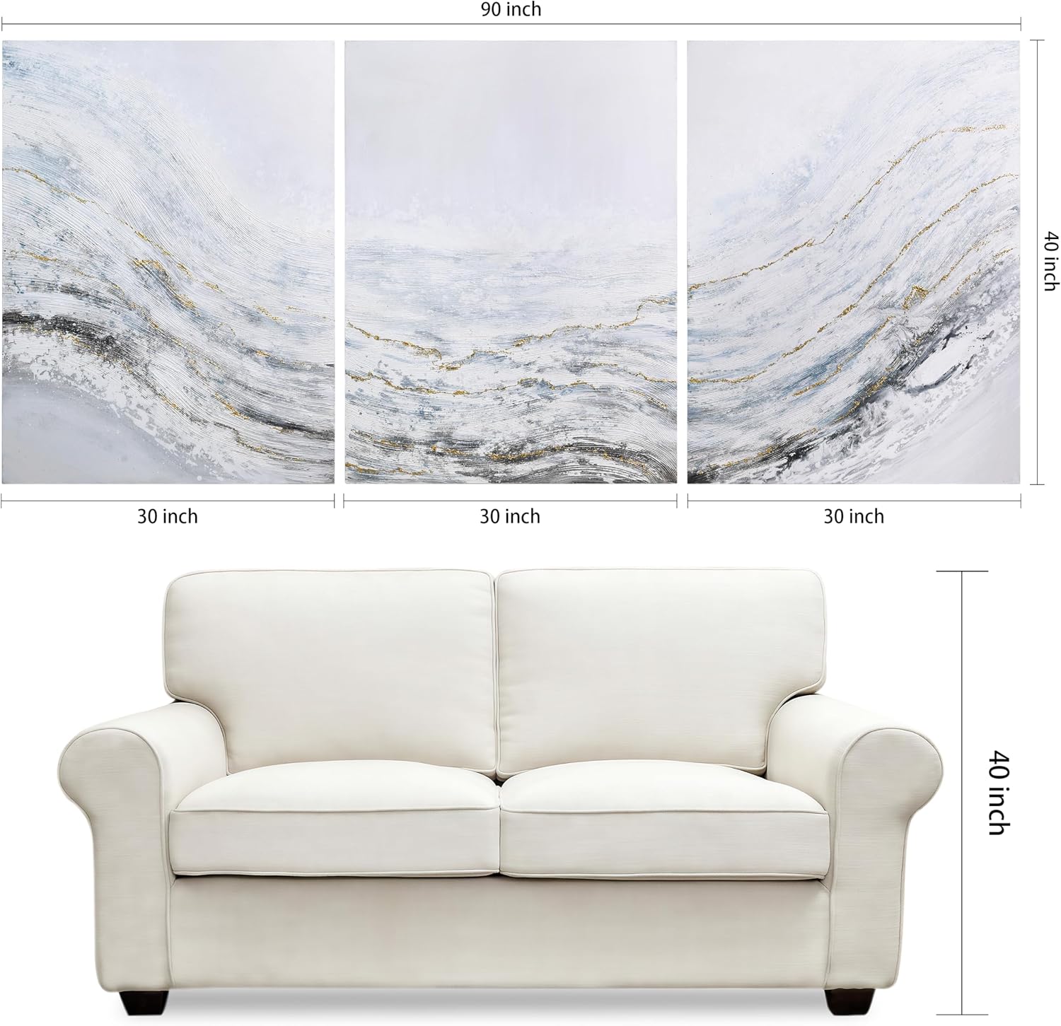 Empire Art Direct Abstract Wall Art Textured Hand Painted Canvas by Martin Edwards, Triptych, 40' x 30' each, Blizzard