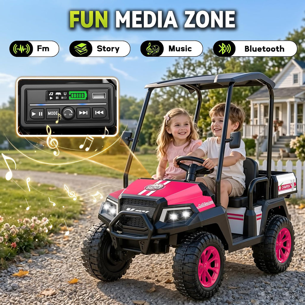 24V Kids Golf Cart w/Detachable Awning–4WD 2 Seater Ride on Car w/Large Storage Trunk, Remote Control, 3 Speeds, Music Player, LED Lights, Ride On Toys, Gift for Kids Ages 3-8(Pink)