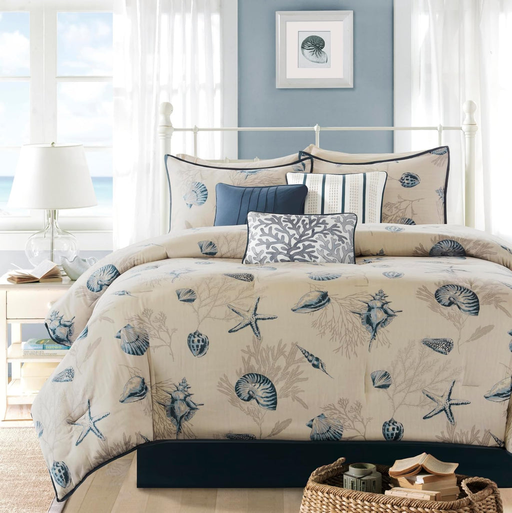 Madison Park 100% Cotton Comforter Set - Coastal Coral, Starfish Design All Season Down Alternative Cozy Bedding with Matching Shams, Decorative Pillow, Cal King(104'x92'), Taupe 7 Piece