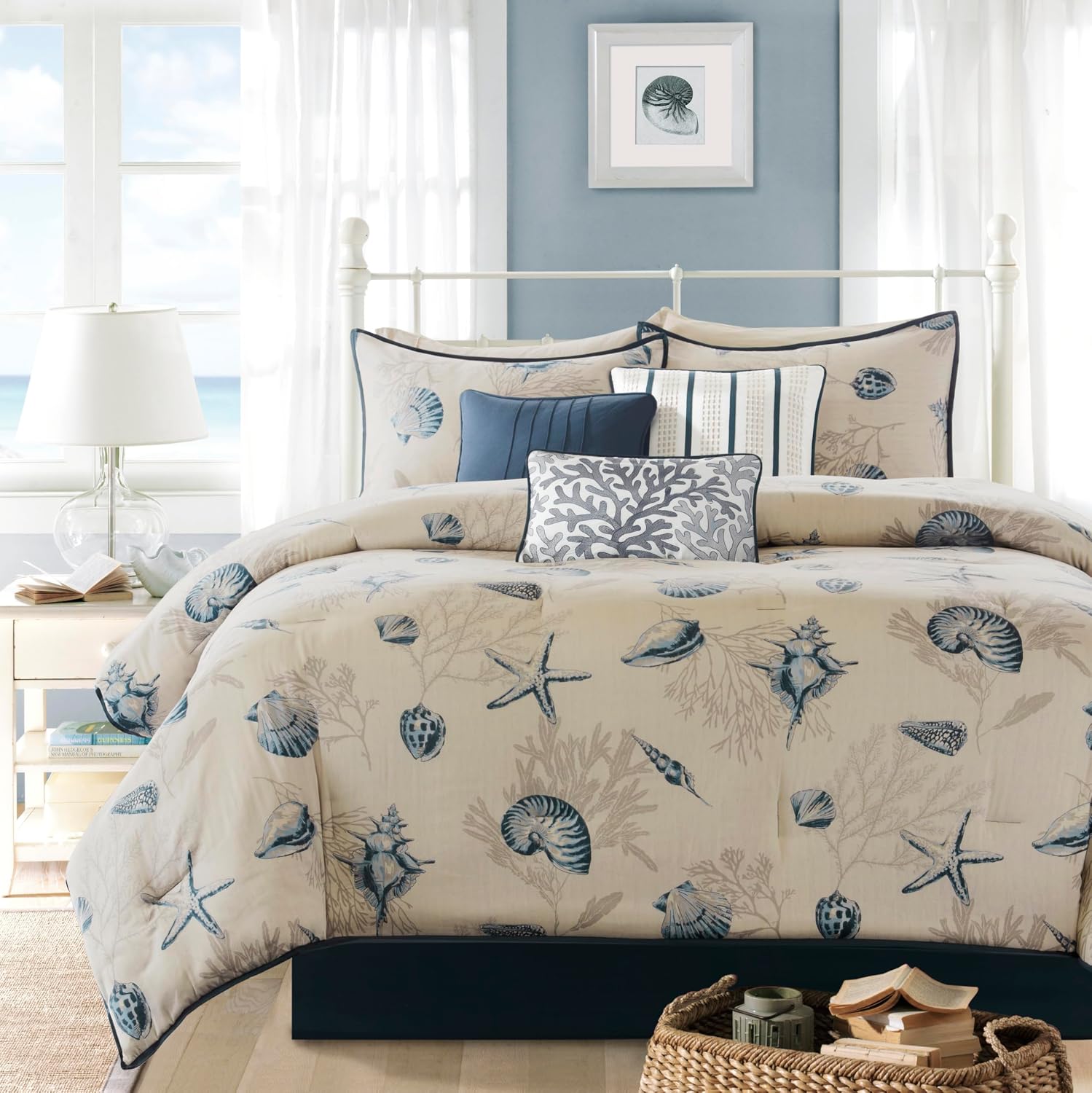 Madison Park 100% Cotton Comforter Set - Coastal Coral, Starfish Design All Season Down Alternative Cozy Bedding with Matching Shams, Decorative Pillow, Cal King(104'x92'), Taupe 7 Piece