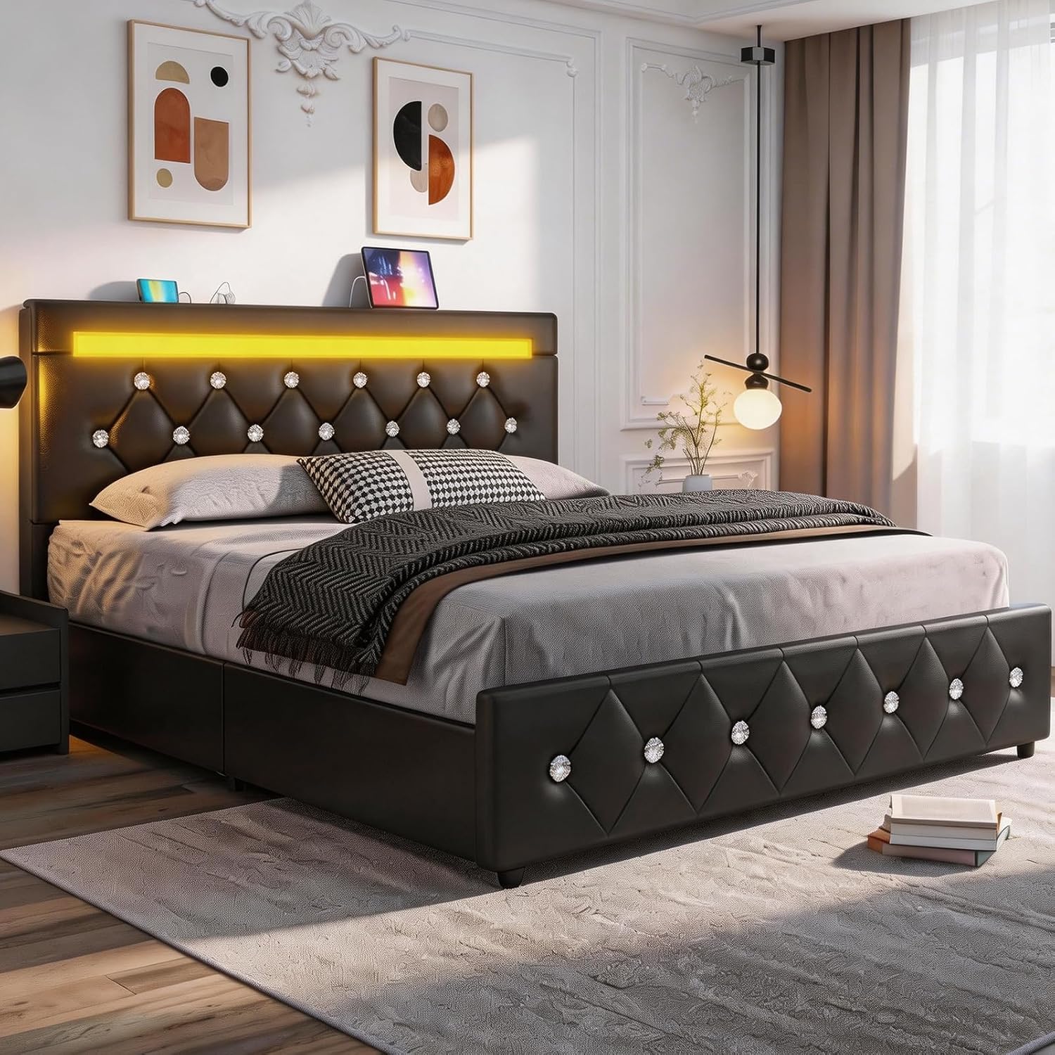 Queen Size Bed Frame, Storage Bed with 4 Drawers and Adjustable Headboard, Upholstered Platform Bed with Handy Charging Station and LED Light, Noise Free, Easy Assembly, No Box Spring Needed, Black
