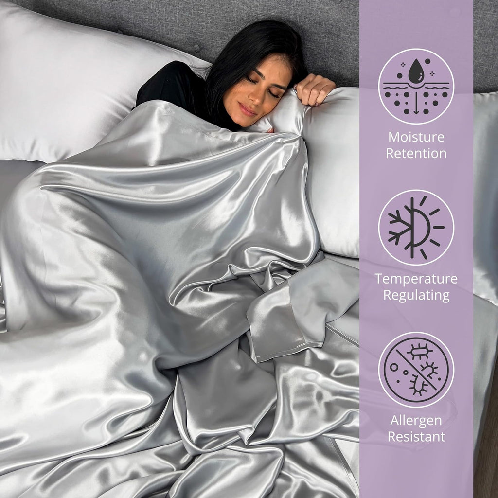 Mulberry Park 100% Pure Cal King Silk Sheet Set 4 Pcs - 22 Momme 6A Mulberry Silk Bed Sheets with 15' Deep Pocket - Breathable, Ultra-Soft, Oeko-TEX Certified, Seamless - Silver