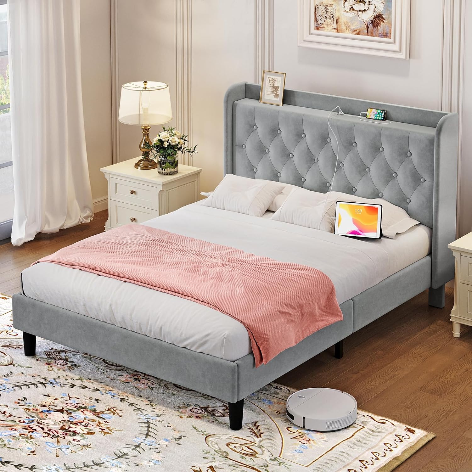 koorlian Full Size Bed Frame, Full Bed Frame with Headboard, Adjustable Velvet Upholstered Bed Frame with Type-C&USB Port, Wingback Storage Headboard, Solid Wood Slats Support, Noiseless, Light Gray