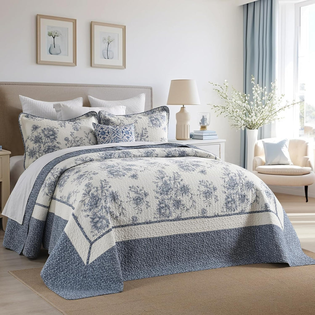 Floral Bedspread 128'x120' California King Bedspread, 100% Cotton XL Oversized King Quilt with 2 Pillowshams, Lightweight Garden Quilted Bedspreads Coverlet Set, Blue/Cream, 3 Pcs