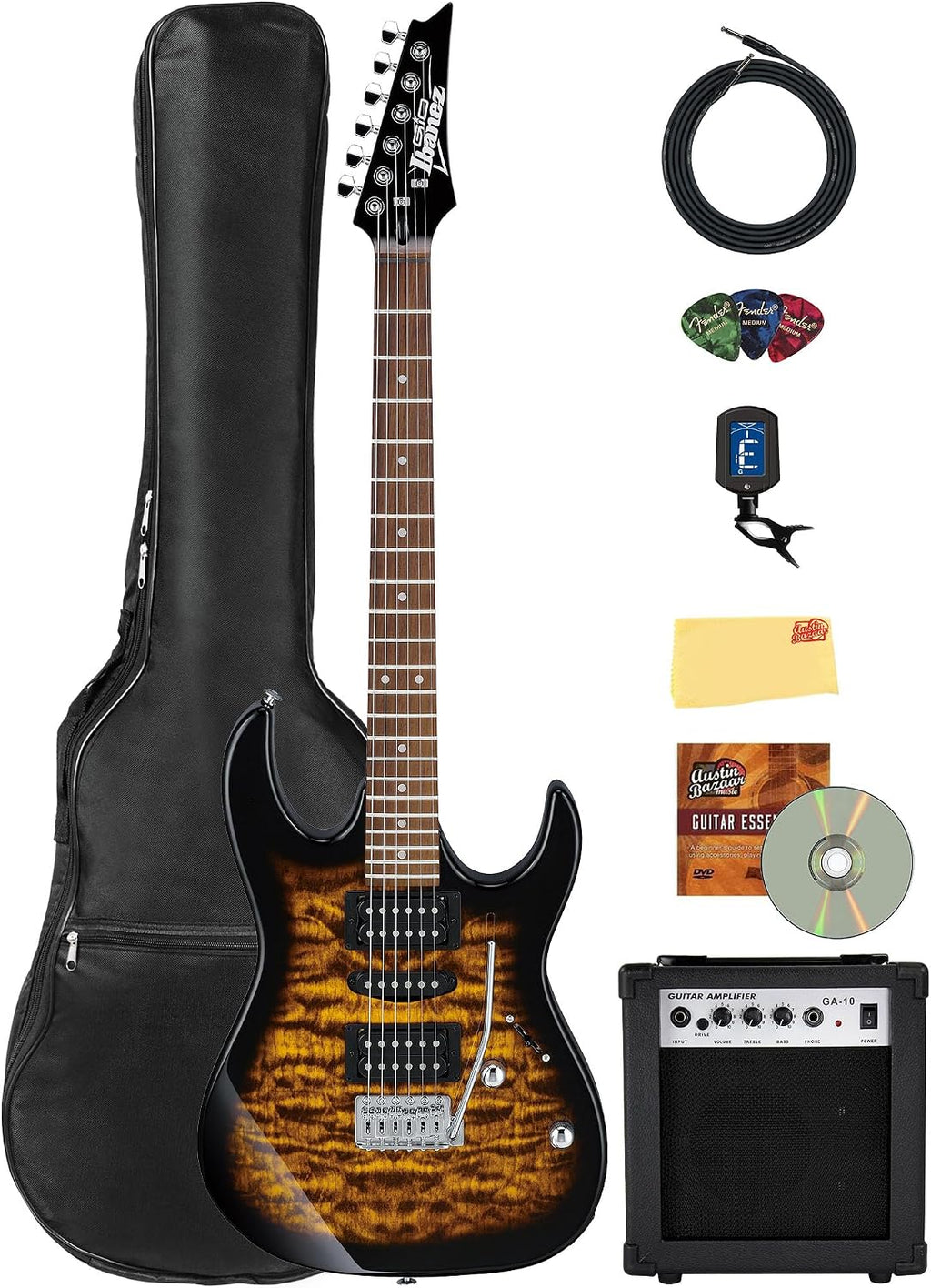 Ibanez GRX70QA RG Gio Electric Guitar - Sunburst Bundle with Amp, Gig Bag, Tuner, Cable, Picks, Austin Bazaar Instructional DVD, and Polishing Cloth